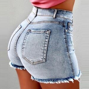 063-High-Rise Light Blue Denim Shorts for Women